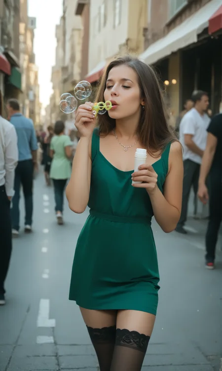 score_9, score_8_up, score_7_up, blobub, (slim girl) in green short dress blowing bubbles in a crowded street. necklace , holdup stockings, long brunette hair
<lora:BlowBubblesPony:1>
