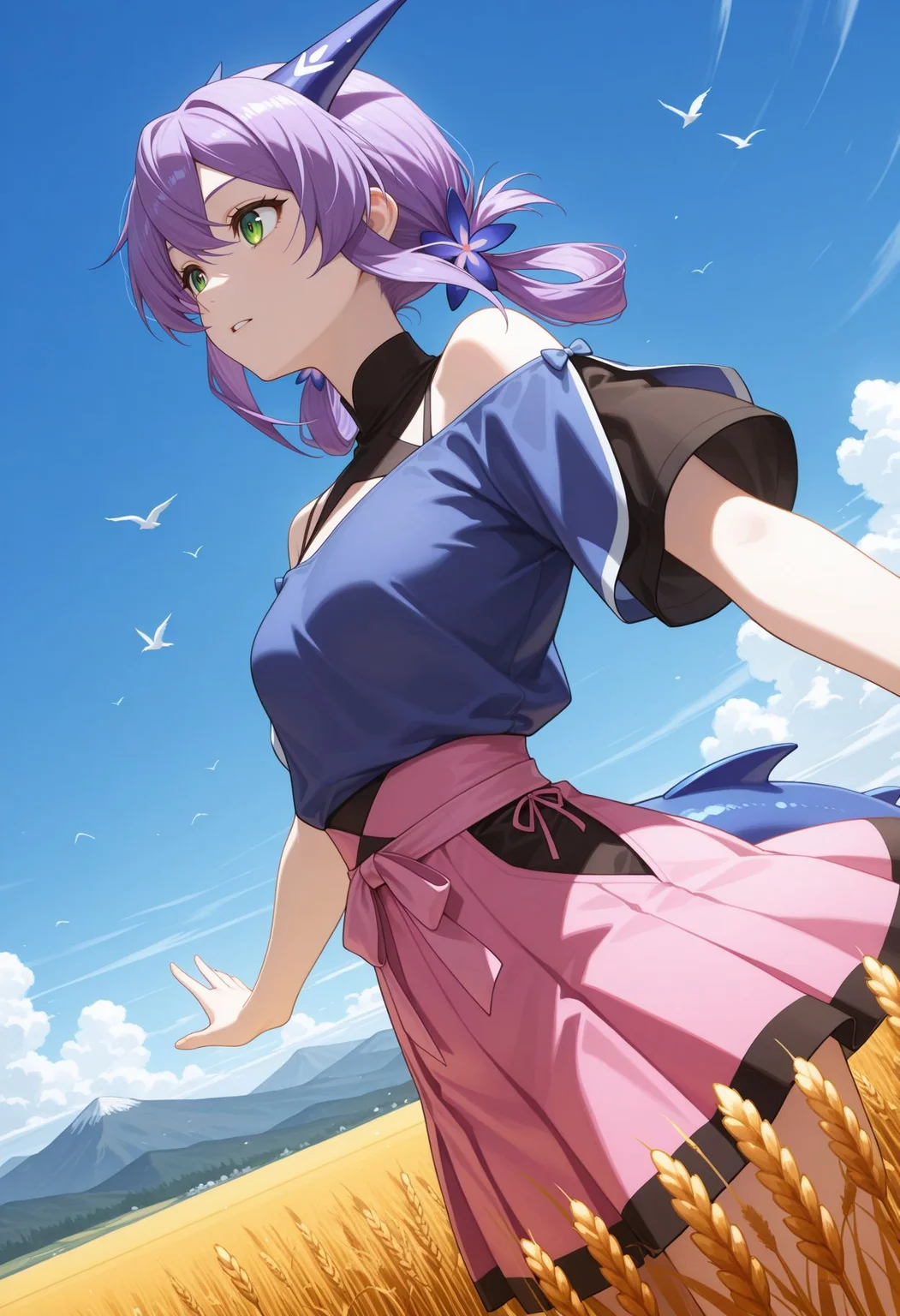 masterpiece,best quality,absurdres,highres,very aesthetic,high quality,detailed,insanely detailed,beautiful,
wheat field, outdoors, wind, spread arms, outstretched arms, dutch angle, looking ahead, , wheat, blue sky, bird, mountainous horizon
<lora:Flatorte illu:1> 1girl, purple hair, long hair, green eyes, hair ornament, dragon girl, dragon tail, bare shoulders, blue shirt, off shoulder, short sleeves, pink skirt,