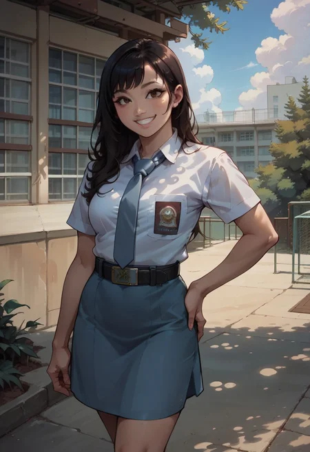 score_9, score_8_up, score_7_up, score_6_up, 1girl, solo, asian, long black hair, brown eyes, smiling, hand on hips, tucked in sma shirt, sma necktie, sma belt, sma skirt, medium breasts, koutei, scenery, outdoors, sky, cloud, blue sky, building, tree, day, fence, looking at viewer
