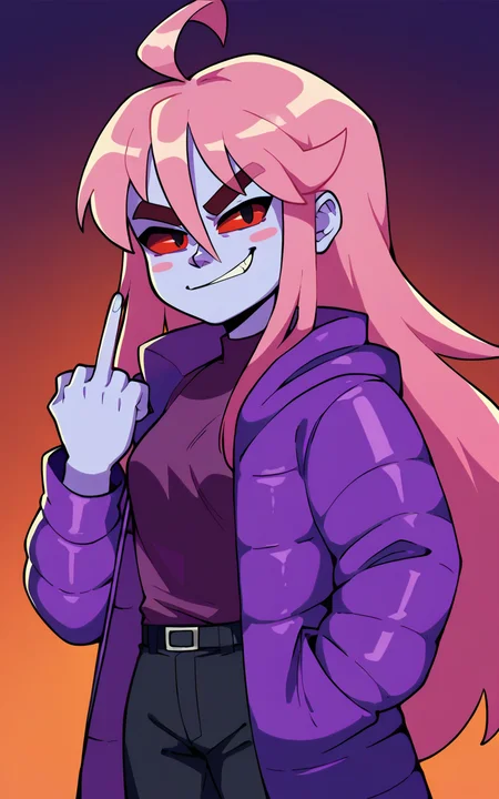 <lora:madelinexlv0.9:1> score_9, score_8_up, 1girl, badeline, purple skin, lavender hair, long hair, ahoge, red eyes, black sclera, thick eyebrows, small breasts, purple coat, black pants, middle finger, smirk