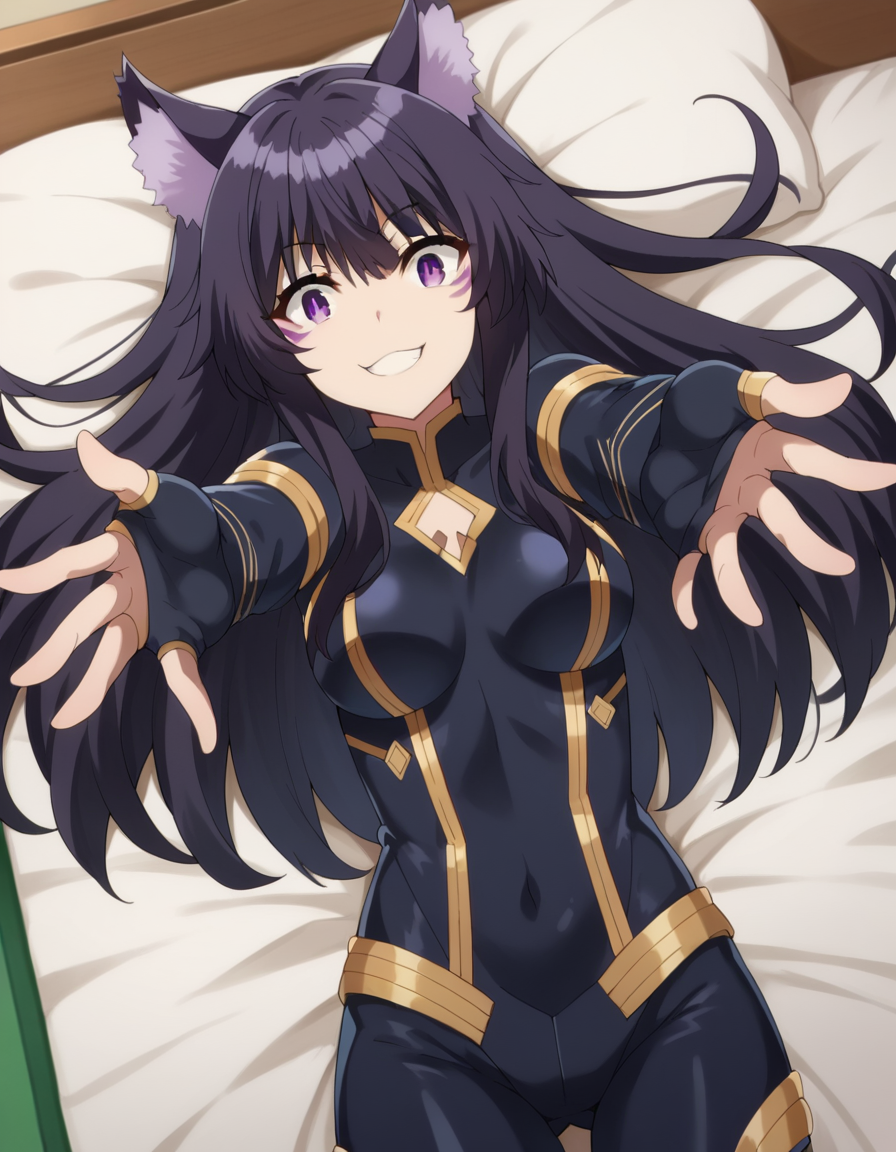 score_9, score_8_up, score_7_up, source_anime,
shadowdelta, <lora:shadow-delta-ponyxl-lora-nochekaiser:1>,
delta, long hair, black hair, animal ears, purple eyes, cat ears, animal ear fluff, facial mark, smile,
bodysuit, black bodysuit,
indoors, bed, bed room, on back, arm support, arms up, incoming hug, pov, reaching, reaching towards viewer,
looking at viewer, cowboy shot, dutch angle,