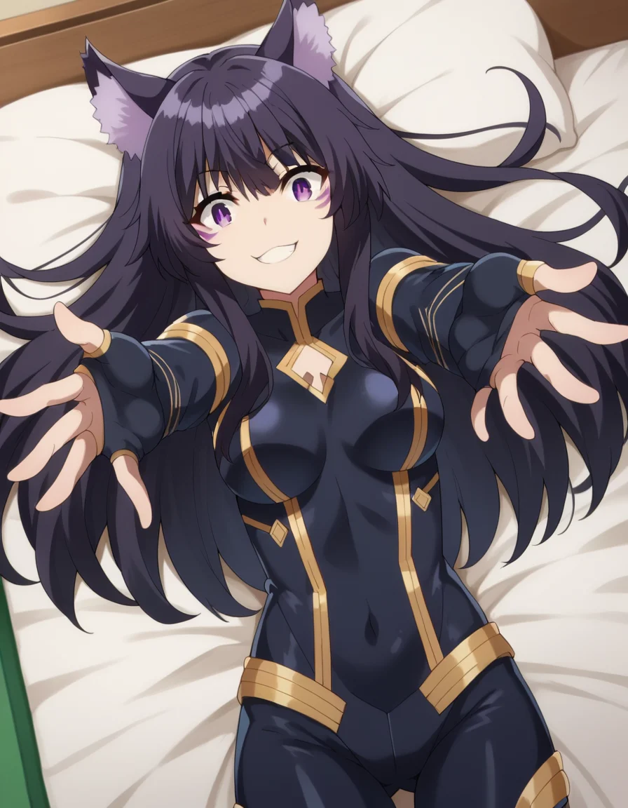 score_9, score_8_up, score_7_up, source_anime,
shadowdelta, <lora:shadow-delta-ponyxl-lora-nochekaiser:1>,
delta, long hair, black hair, animal ears, purple eyes, cat ears, animal ear fluff, facial mark, smile,
bodysuit, black bodysuit,
indoors, bed, bed room, on back, arm support, arms up, incoming hug, pov, reaching, reaching towards viewer,
looking at viewer, cowboy shot, dutch angle,
