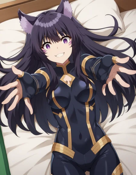 score_9, score_8_up, score_7_up, source_anime,
shadowdelta, <lora:shadow-delta-ponyxl-lora-nochekaiser:1>,
delta, long hair, black hair, animal ears, purple eyes, cat ears, animal ear fluff, facial mark, smile,
bodysuit, black bodysuit,
indoors, bed, bed room, on back, arm support, arms up, incoming hug, pov, reaching, reaching towards viewer,
looking at viewer, cowboy shot, dutch angle,