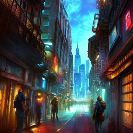 RAW photo, (masterpiece:1.3), subsurface scattering, heavy shadow, (high quality:1.4), (intricate, high detail:1.2), professional photography, HDR, High Dynamic Range, realistic, ultra realistic, photorealistic, high resolution, ambient lighting, atmospheric effects, OverallDetail, alley, building, city, hood, lamppost, multiple boys, multiple girls, neon lights, night, nightcity, outdoors, people, road, scenery, science fiction, sign, sky, skyscraper, solo, street, sunlight, weapon, epiCPhoto
