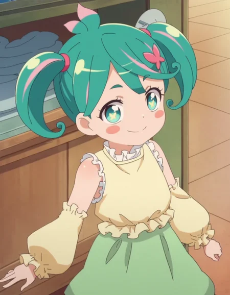 score_9, score_8_up, score_7_up, anime screencap, solo,1girl,hisui, shirt, twintails, detached sleeves, sleeveless, blush stickers, looking at viewer, skirt, yellow shirt, hair ornament, green skirt,smile <lora:hisui_pony:0.8>