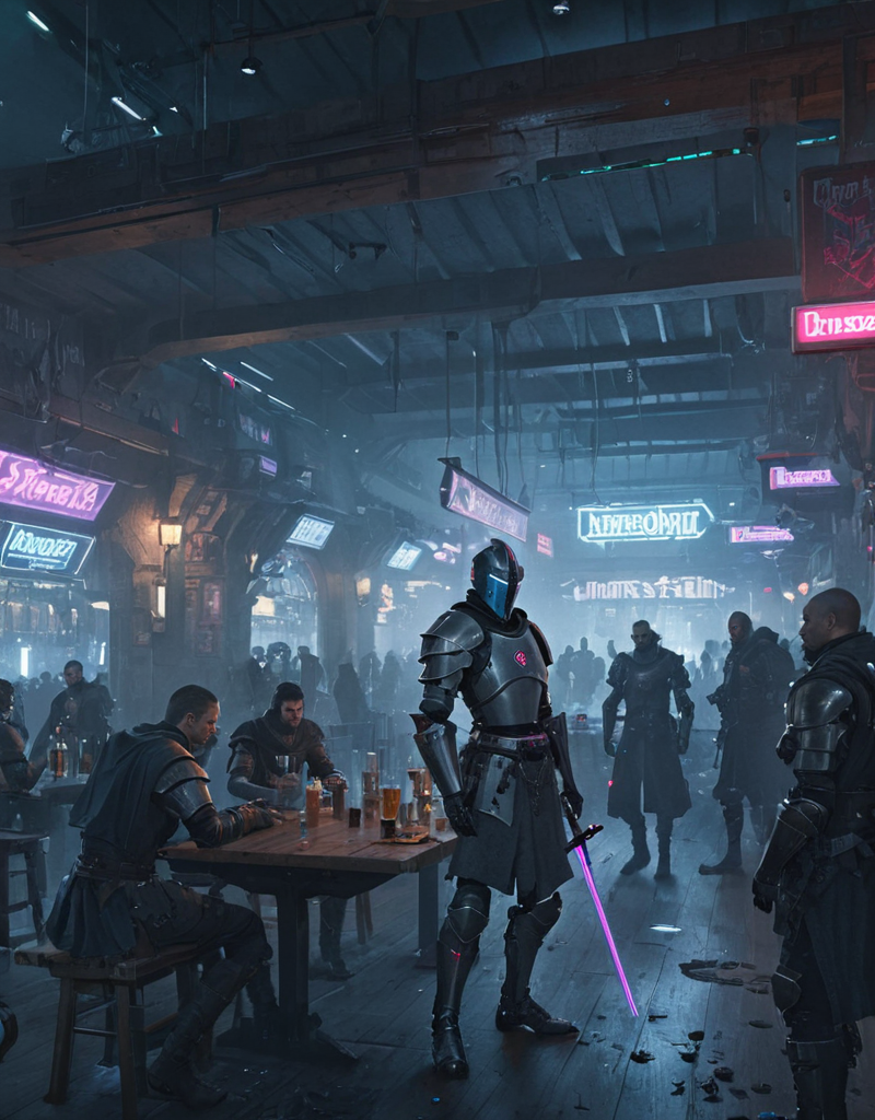 <lora:Space_Worlds_01__Poetic_xl:1.0> sw01p_xl, medieval knight in a crowded cyberpunk tavern,