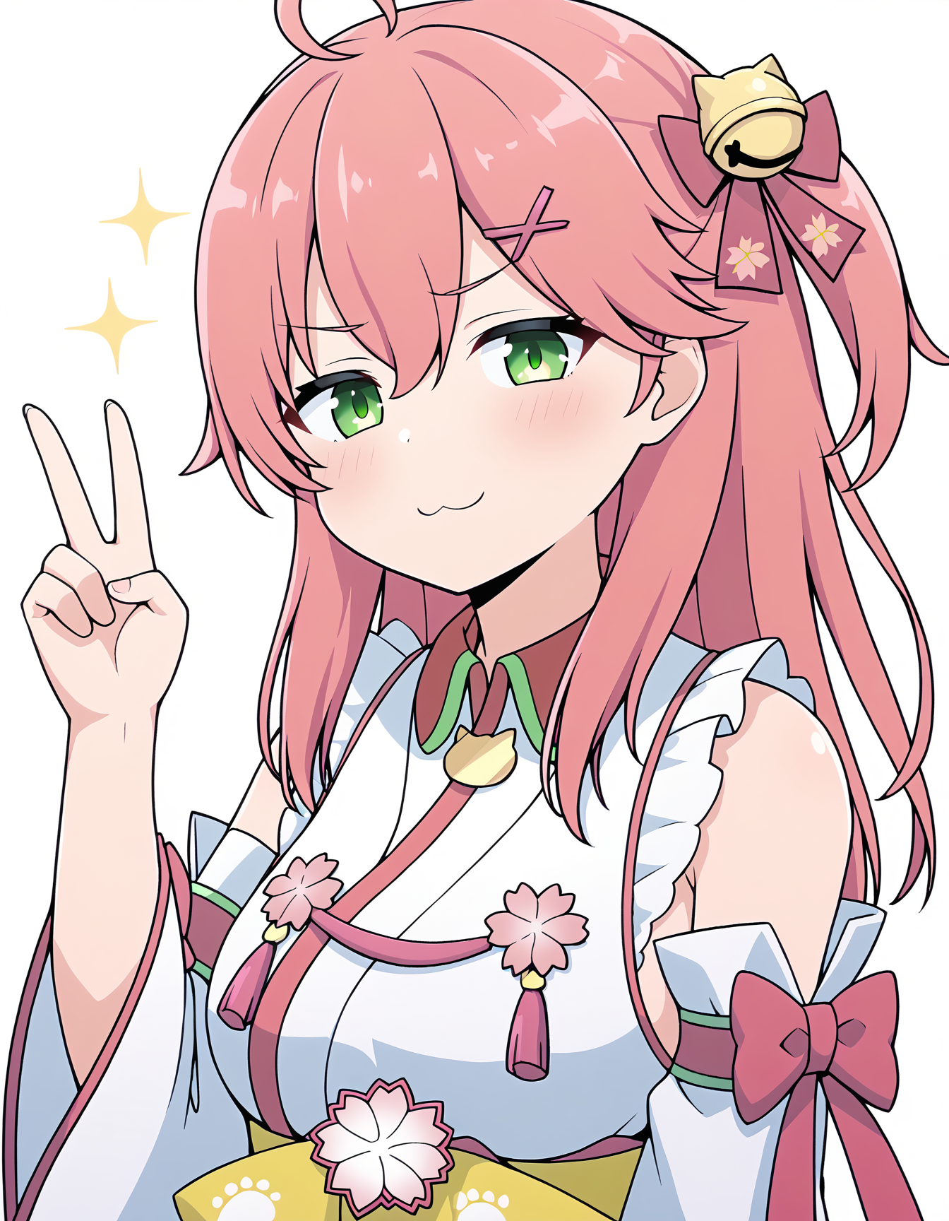 1girl, sakura miko, sakura miko \(1st costume\), hololive, :>, ahoge, bell, cherry blossom print, detached sleeves, floral print, flower, green eyes, hair bell, hair ornament, half-closed eyes, jingle bell, one side up, paw print, paw print pattern, pink flower, pink hair, solo, sparkle, upper body, v-shaped eyebrows, v over head, virtual youtuber, white background, x hair ornament,  <lora:miko:1>