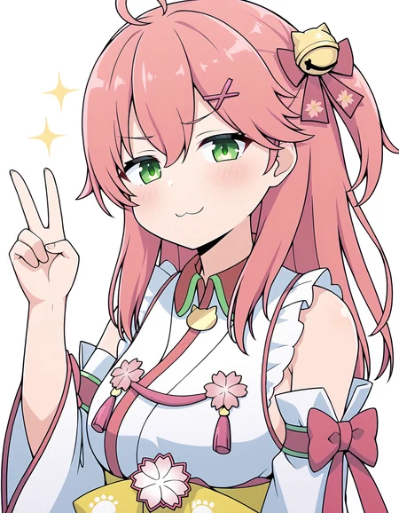 1girl, sakura miko, sakura miko \(1st costume\), hololive, :>, ahoge, bell, cherry blossom print, detached sleeves, floral print, flower, green eyes, hair bell, hair ornament, half-closed eyes, jingle bell, one side up, paw print, paw print pattern, pink flower, pink hair, solo, sparkle, upper body, v-shaped eyebrows, v over head, virtual youtuber, white background, x hair ornament, <lora:miko:1>