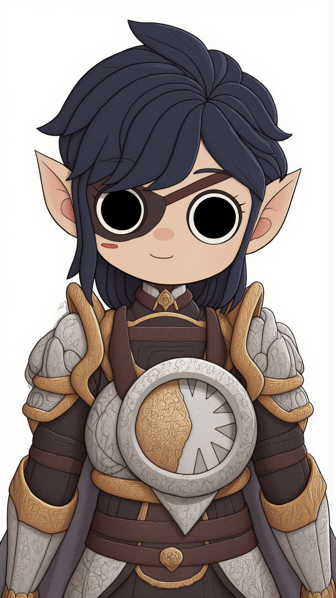 <lora:KawaiisStyle:1>kawaii style armor, solo, shoulder armor, 1boy, male focus, looking at viewer, dark skin, pauldrons, upper body, closed mouth, pointy ears, eyepatch, full armor, gauntlets, scar, breastplate