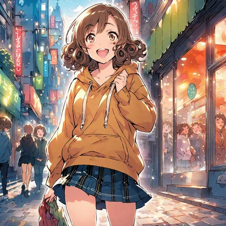 (best quality:0.8) perfect anime illustration, a pretty, happy woman with short curly brown hair on the street in the city, wearing a hoodie, skirt