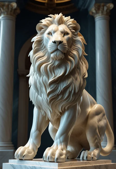 3D render of a majestic lion sculpture, hyper-realistic, intricately detailed fur, powerful stance, dramatic lighting, by Robert Kondo and Paul Komoda, high resolution, polished marble texture, museum quality display, showcasing strength and grace, with a naturalistic background.
3d-rendering, concept-art, digital, dreaminess, futuristic, multimedia, sculpture, virtual-reality
concept-art, awesome full color, fantasy, epic, majestic, magical, dreamy, perspective, light and shadow, moody, epic,
beautiful, painterly, aesthetic, textural, vivid, vibrant, intricate details, highly detailed, ultra-detailed, absurdres,
fflixmj6, WhiteMold