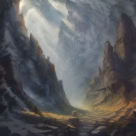 ((Masterpiece)), realistic digital painting of the hall of the mountain, official art, perfect composition, cinematic lighting, crepuscular rays,