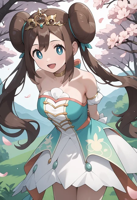 score_9, score_8_up, score_7_up, score_6_up, score_5_up, score_4_up, source_anime, aarosa, long hair, brown hair, double bun, twintails, tiara, blue eyes, medium breasts, choker, bare shoulders, white dress, green dress, detached sleeves <lora:rosa_(pokemon)_ponyxl_v1:0.9>, smile, open mouth, standing, cowboy shot, leaning forward, bent over, outdoors, cherry blossoms, arms behind back,