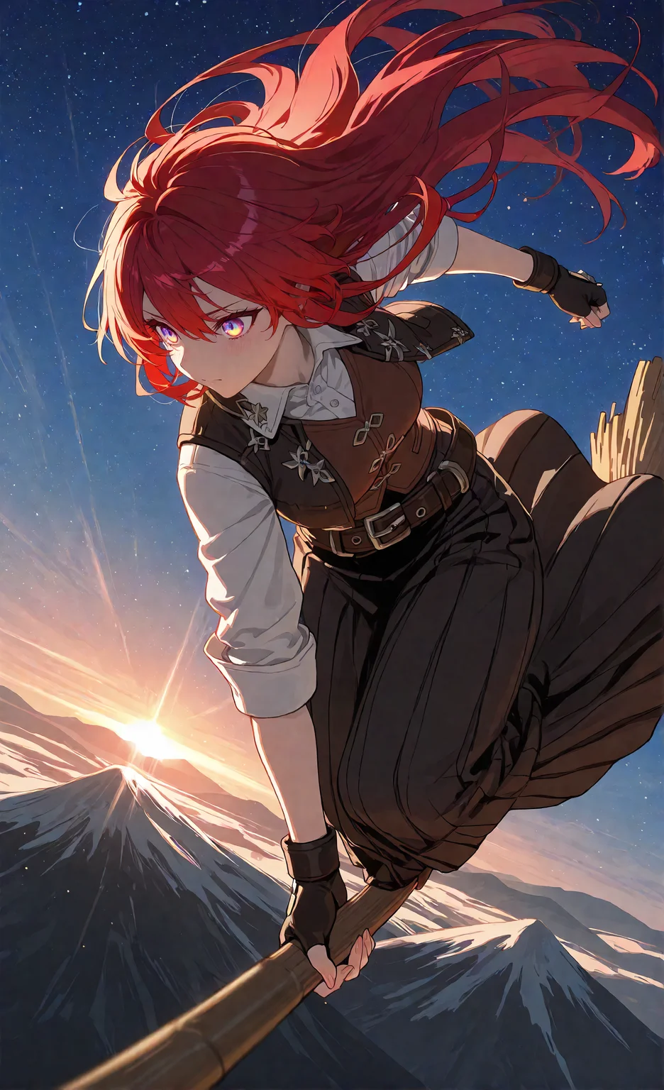 masterpiece, sharp detail, intricate detail, 1girl, detailed eyes, gradient eyes, highly detailed hairs, red hair, long hair, belt, long skirt, vest, fingerless gloves, dynamic pose, dynamic angle, standing, <lora:Broom Surfing:0.8>, broom surfing, holding broom, long shot, partially illuminated, dappled light, dramatic shadows, cinematic lighting, detailed background, light and shadow contrast, starry sky, mountain, landscape,