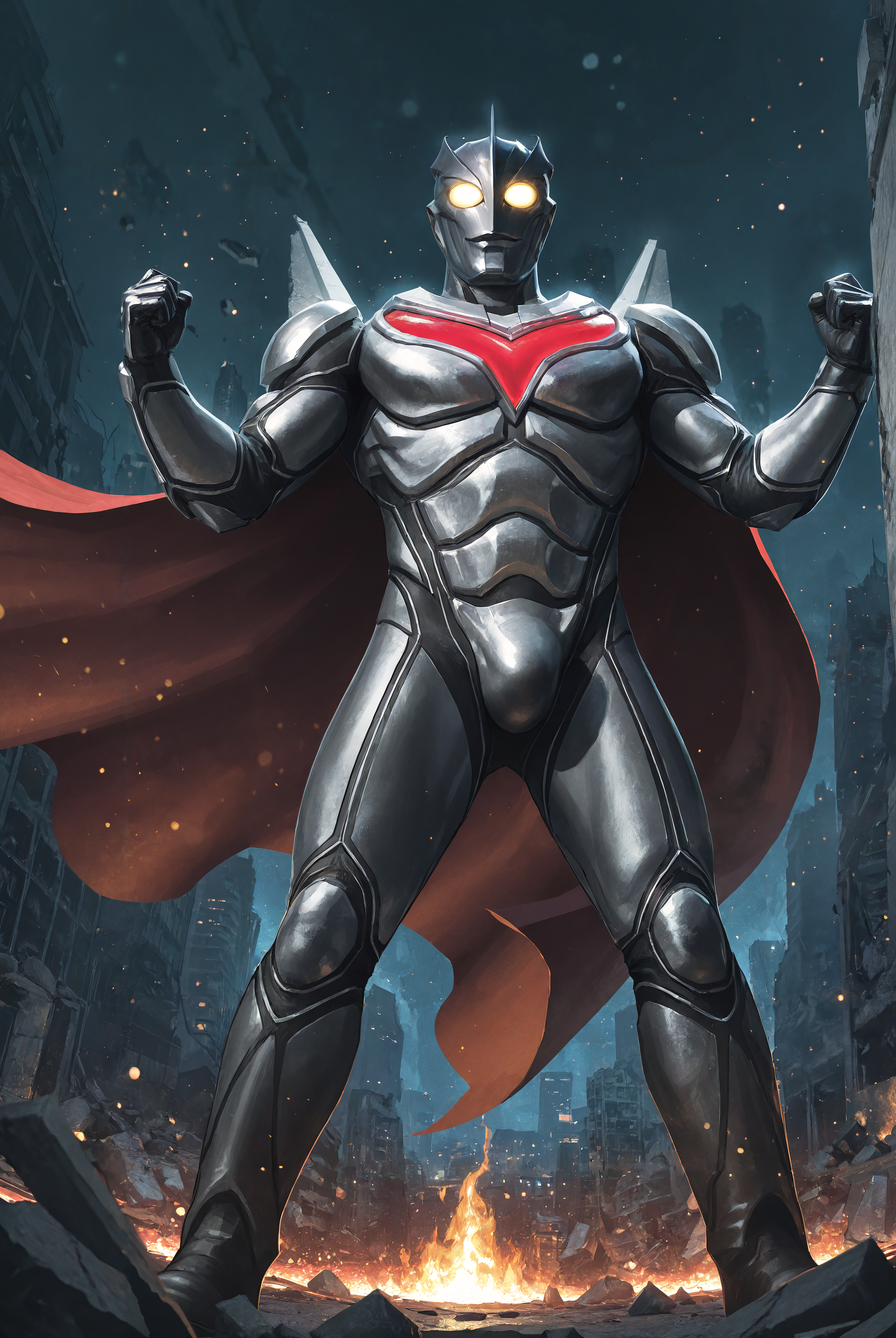 score_9,score_8_up,score_7_up,best quality,ultra-detailed,high resolution,digital painting,8k,1boy,solo,male focus,bara,cowboy shot,foreshortening,fisheye,bodysuit,alien,tokusatsu,yellow eyes,science fiction,no humans,glowing eyes,armor,red cape,bulge,boots,floating cape,light particles,fire on ground,glowing,city,debris,dynamic pose,building,ruins,giant,from below,blurry background,blurry foreground,fisheye,night,<lora:add-detail-xl:1>,<lora:Jim Lee Artist Style[ilustrious]:0.5>,jimleestyleil,western comics (style),<lora:Marvel Rivals Concept Art Style[ilustrious]:0.5>,marvelrivalsilv2,<lora:Ultraman Noa:0.6>,nuoya,