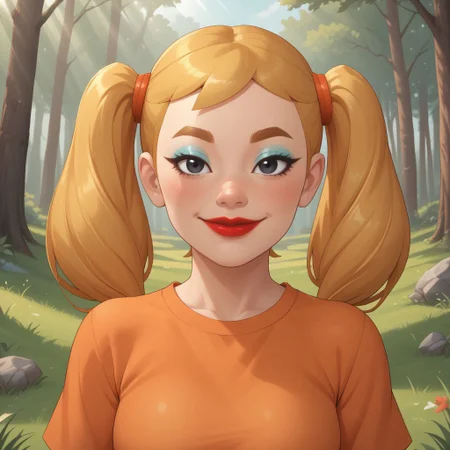 score_9, score_8, BREAK, solo, mii, wii, wii sports, 1girl, female mii, cute, attractive, blonde hair, twintails, dark blonde eyebrows, makeup, blush, blue eyeshadow, red lips, lipstick, orange clothing, white pants, breasts, Nintendo Mii, modern_mii, classic_mii, Midoriya_(OC_Mii), black eyes sexy pose, smile, outdoors, sunlight, shadows, evening lighting, natural lighting, forest, trees, grass, orange sky, sunset