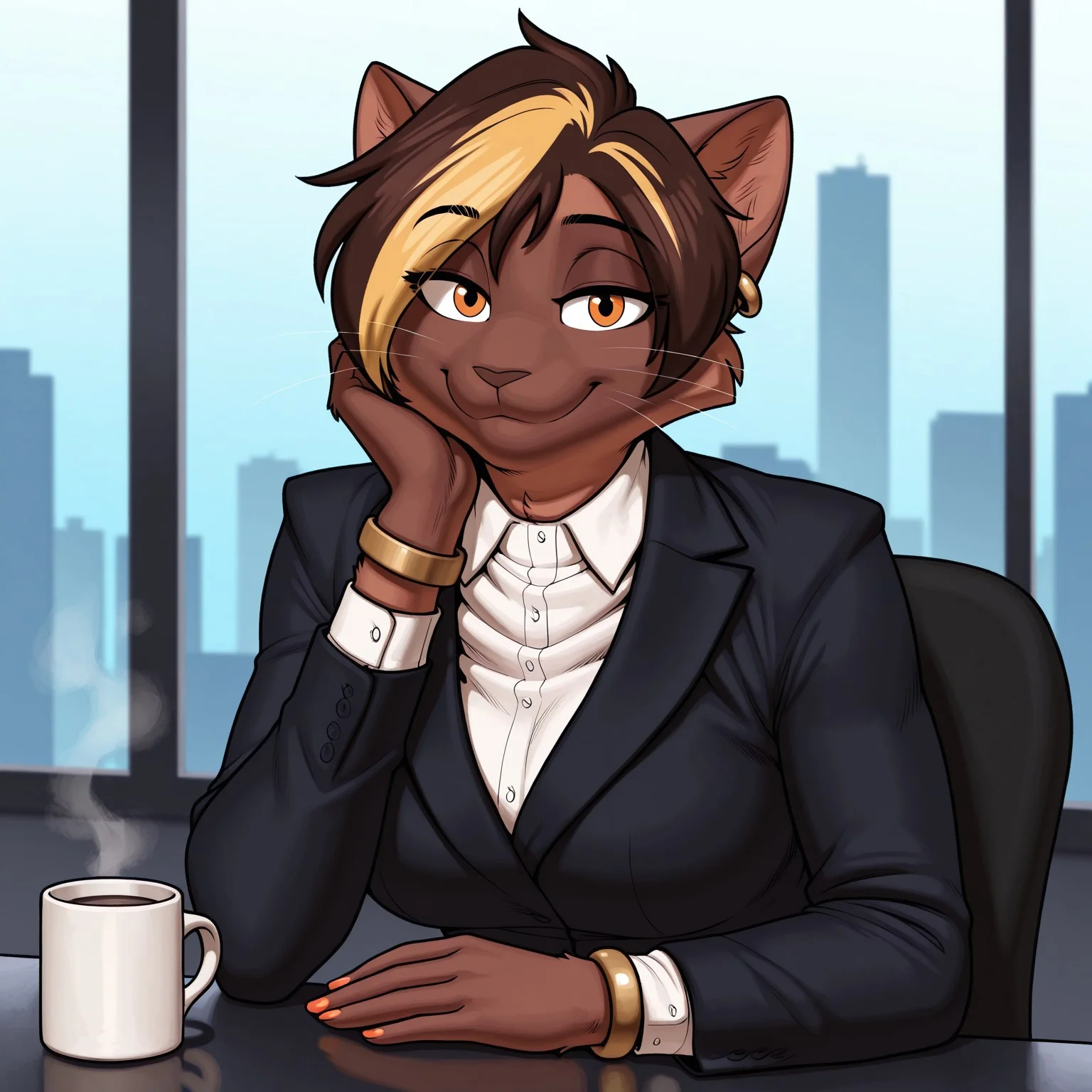 uncensored, masterpiece, best quality, highly detailed, realistic, 1girl, solo, VanessaMH, female furry, furry, anthro, feline, cat, brown hair, blonde hair streak, black eyebrows, short hair, orange eyes, black pupils, brown body, brown fur, brown nose, whiskers, gold earring, medium breasts, eyebrows visible through hair, eyes visible through hair, business suit, navy blue suit, white dress shirt, gold bracelets, smile, closed mouth, looking at viewer, narrowed eyes, sitting, table, mug, steam from coffee, chair, window, front view, detailed background, arm rest, hand on own cheek, upper body, hand on table, (5 fingers), orange nails, black office chair