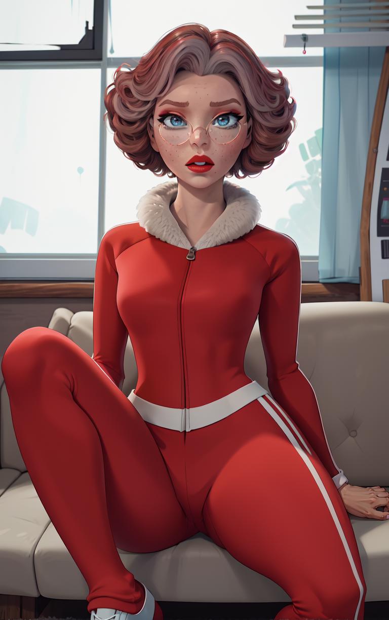 ((masterpiece, best quality)), insaneres, absurdres, solo, looking at viewer, 
RedDress_MrsClaus_ownwaifu, 
1girl, breasts, multicolored hair, short hair, makeup, red lips, blue eyes, lipstick, glasses, freckles, brown hair, curly hair, pink hair, wide hips, round eyewear, grey hair, lips, old woman, small breasts, 
track suit, red jacket, red pants, track pants, long sleeves, fur trim, zipper, red dress, striped pants,
(sitting, spread legs), couch, window shade, <lora:CARTOON_Ellio_MrsClaus_ownwaifu:0.9>,
 depth of field, light particles,