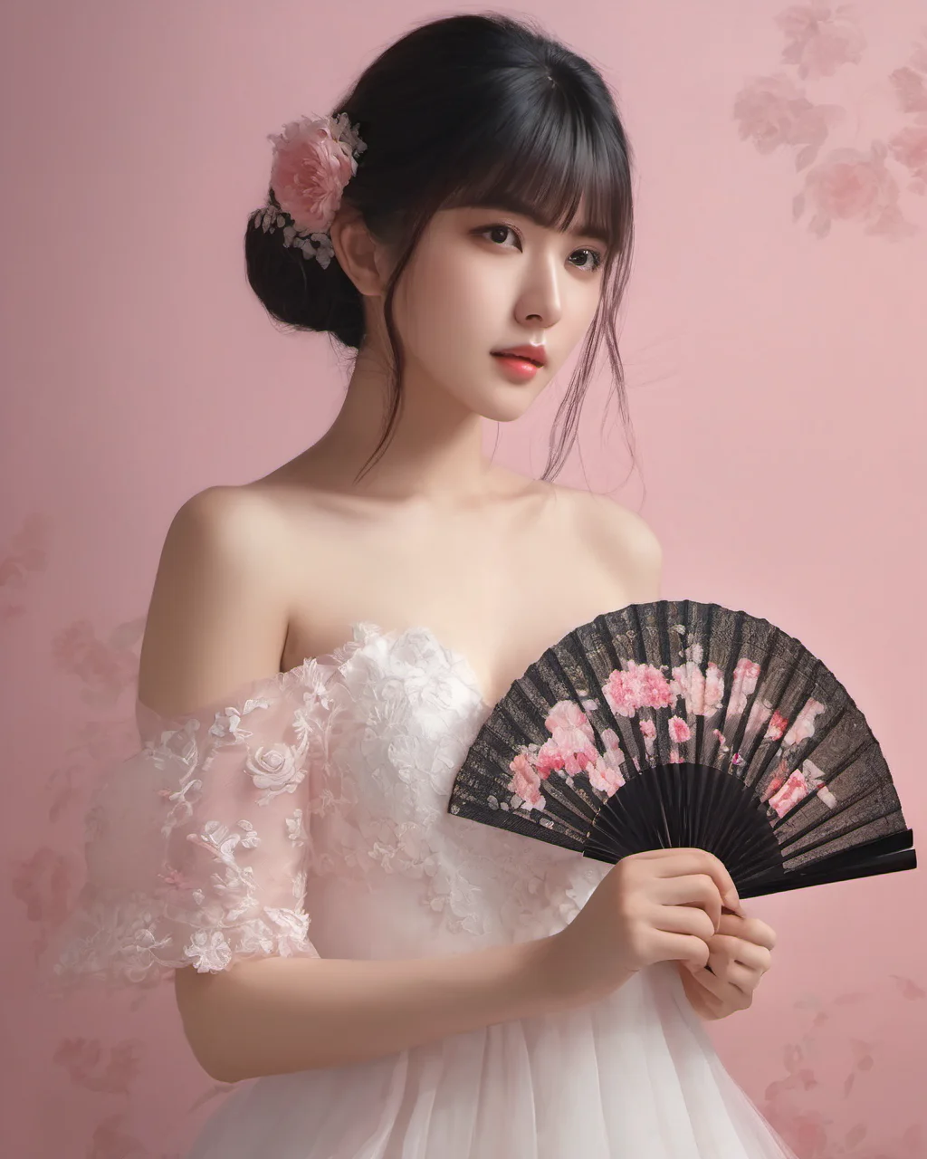 gufengnvhai,<lora:gufengnvhaisdxllora1-000001:1>realistic,photorealistic,masterpiece,1girl, solo, dress, flower, pink background, black hair, holding, white dress, hair ornament, bangs, hair flower, brown hair, hand fan