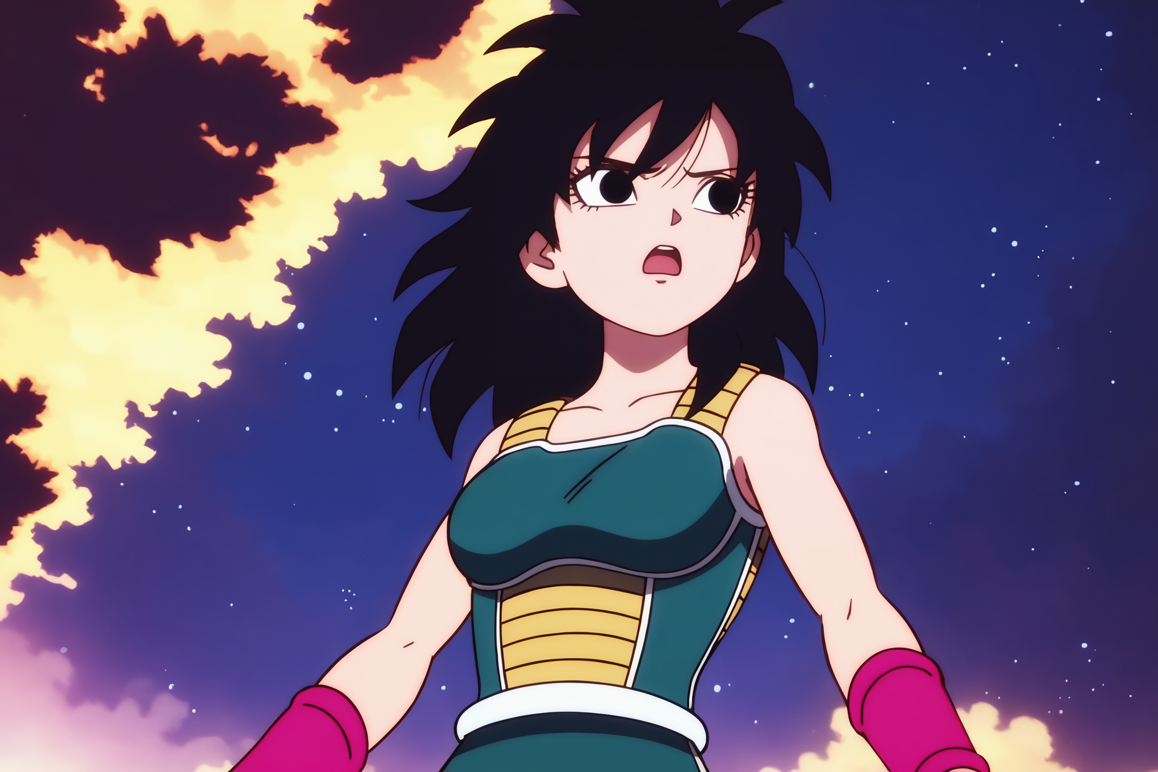 source_anime, score_9, score_8_up, score_7_up, anime screencap, absurd res,
gine, official style, 1girl, shadow, solo, long hair, breasts, open mouth, star \(sky\), black hair, night sky, bare shoulders, medium breasts, collarbone, upper body, cowboy shot, medium hair, :o, black eyes, floating hair, looking away, from below, spiked hair, pink wristband, arm at side, serious, arms at sides, looking afar, monkey tail, saiyan armor, eyebrows, green saiyan armor, looking at another, white trim
 <lora:Gine_v1:0.8>