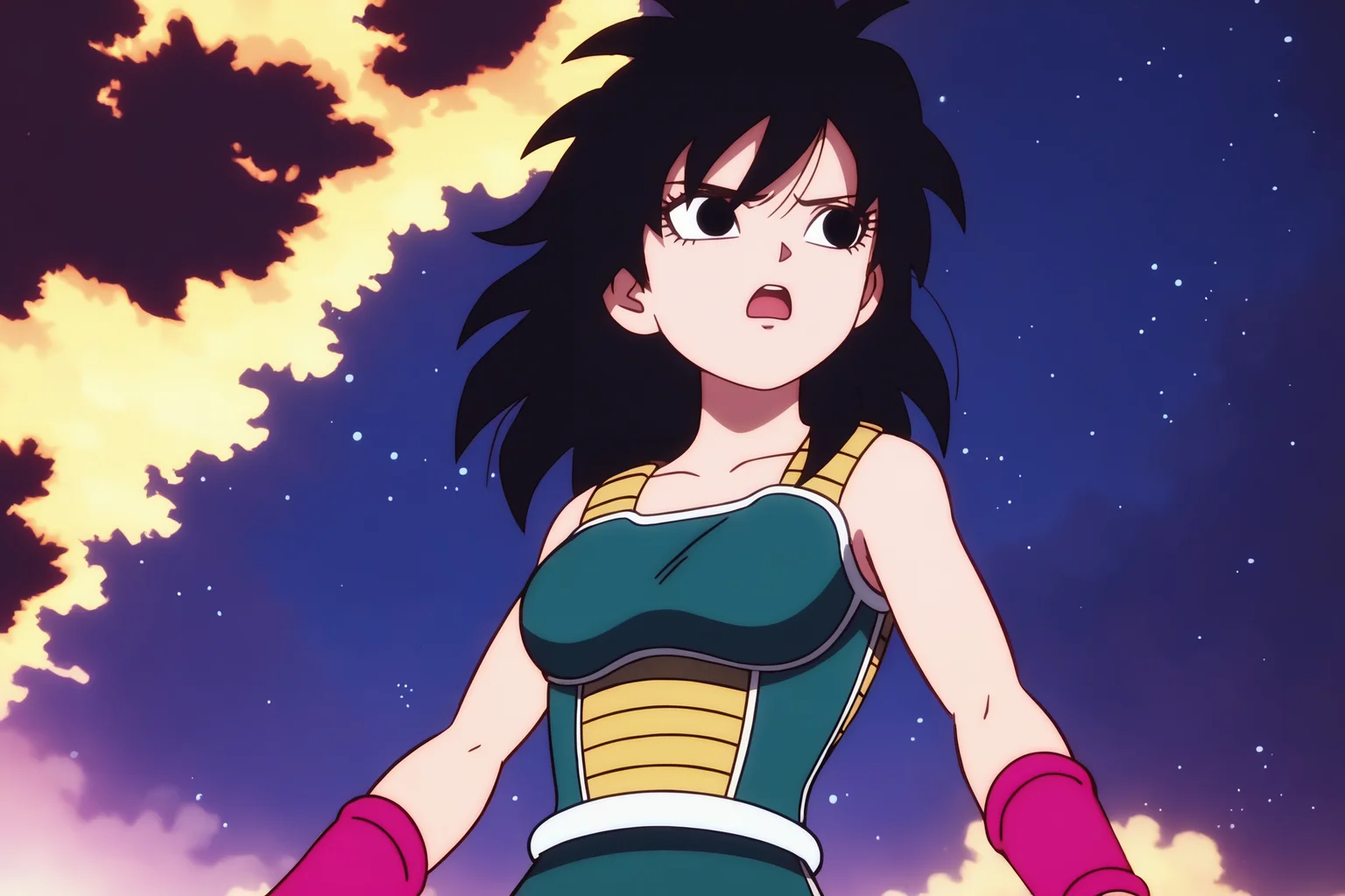 source_anime, score_9, score_8_up, score_7_up, anime screencap, absurd res,
gine, official style, 1girl, shadow, solo, long hair, breasts, open mouth, star \(sky\), black hair, night sky, bare shoulders, medium breasts, collarbone, upper body, cowboy shot, medium hair, :o, black eyes, floating hair, looking away, from below, spiked hair, pink wristband, arm at side, serious, arms at sides, looking afar, monkey tail, saiyan armor, eyebrows, green saiyan armor, looking at another, white trim
<lora:Gine_v1:0.8>