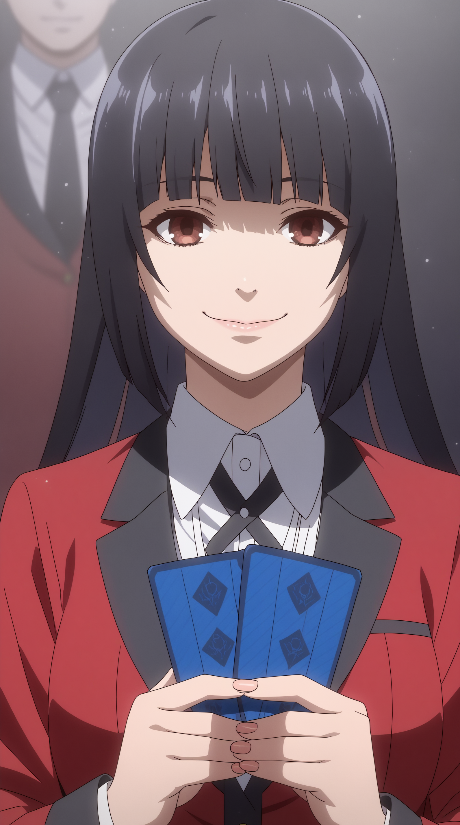 score_9, score_8_up, score_7_up, best background, detailed background, 4k, upscale, anime_source  Yumeko Jabami, Main Outfit, looking at viewer, smile, holding, closed mouth, upper body, solo focus, blurry, blurry background, formal, card, playing card, holding card  <lora:JN_Yumeko_Jabami_Pony:0.8>