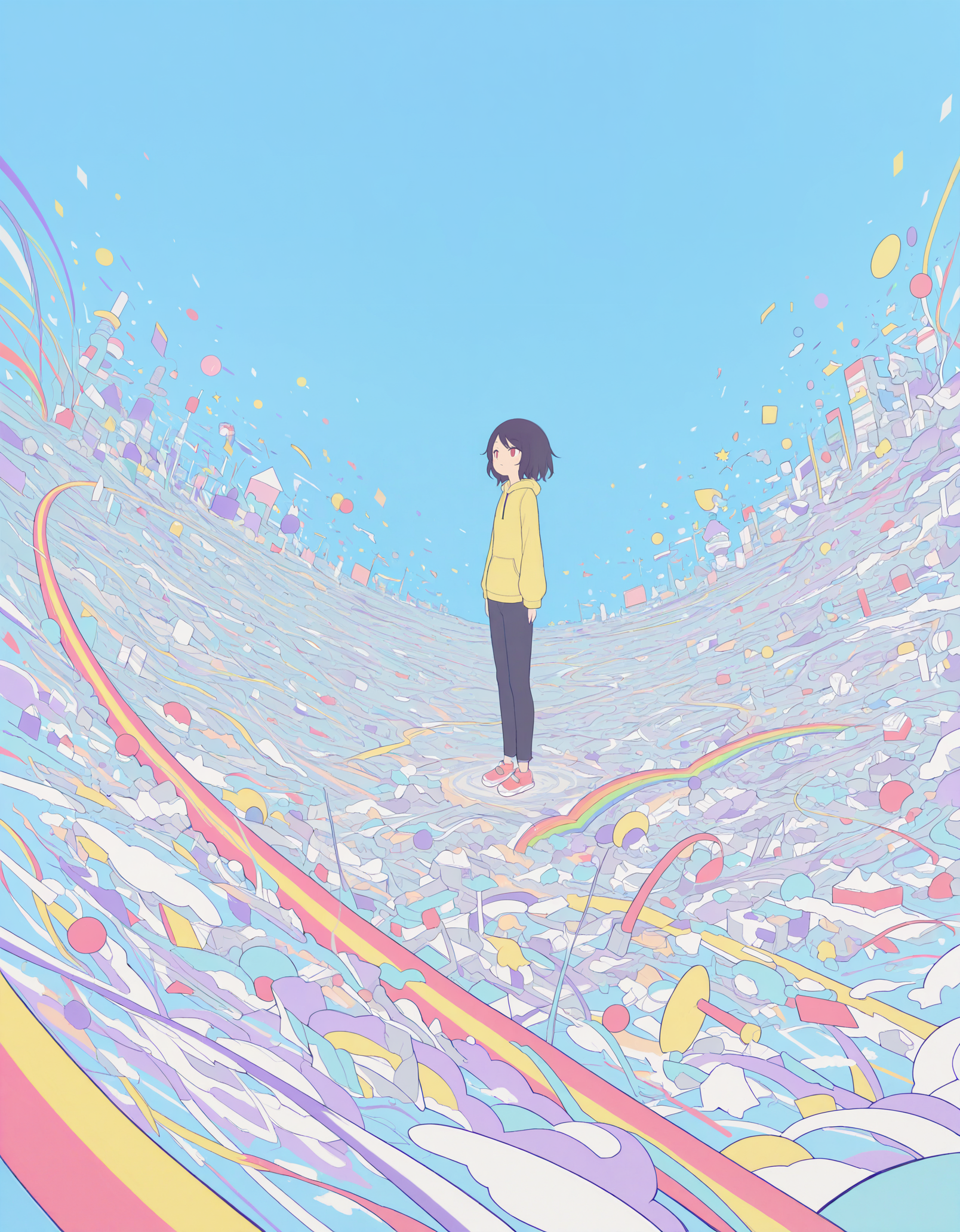 masterpiece,  best quality, newest, highres, absurdres, <lora:hebitsukai_style:1>,hebitsukai_illu, short hair, solo, 1girl, colorful, standing, flat color, rainbow, long sleeves, blue background, pants