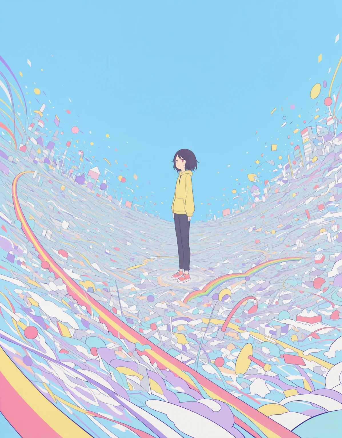 masterpiece, best quality, newest, highres, absurdres, <lora:hebitsukai_style:1>,hebitsukai_illu, short hair, solo, 1girl, colorful, standing, flat color, rainbow, long sleeves, blue background, pants