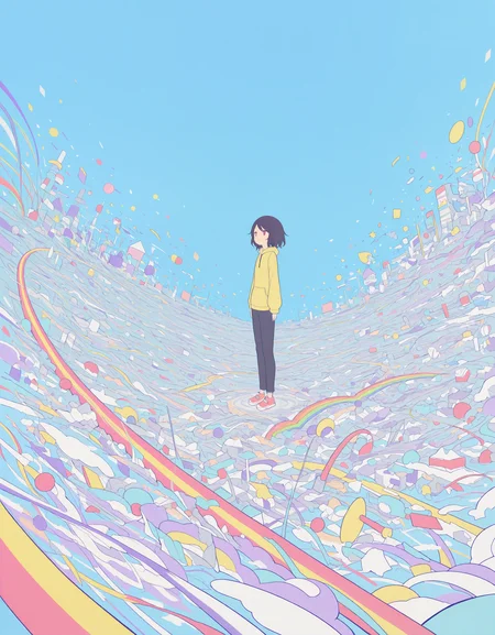 masterpiece,  best quality, newest, highres, absurdres, <lora:hebitsukai_style:1>,hebitsukai_illu, short hair, solo, 1girl, colorful, standing, flat color, rainbow, long sleeves, blue background, pants