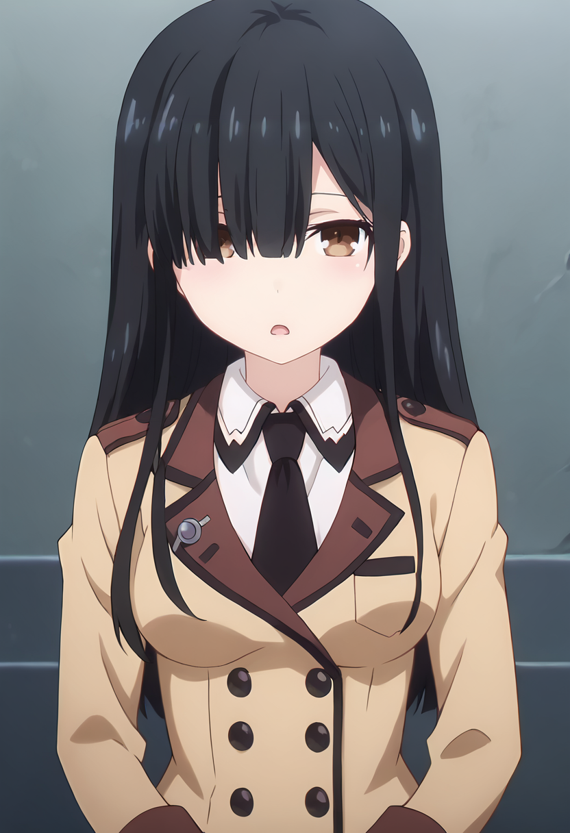 score_9, score_8_up, score_7_up, masterpiece, source_anime, 1girl, ct_shiizaki, long hair, black hair, brown eyes, medium breasts, beige uniform, long sleeves, white collared shirt, black necktie,  looking at viewer, indoors, cowboy shot, shiny skin, jitome, portrait, chestnut mouth,  <lora:Hinako Shiizaki_Pony_ct:0.9>