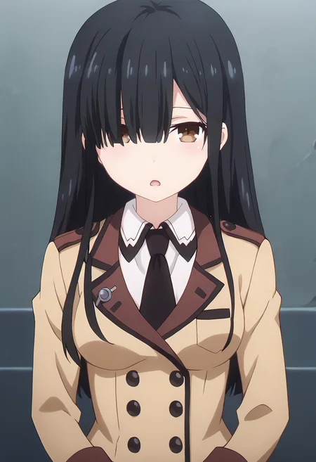 score_9, score_8_up, score_7_up, masterpiece, source_anime, 1girl, ct_shiizaki, long hair, black hair, brown eyes, medium breasts, beige uniform, long sleeves, white collared shirt, black necktie, looking at viewer, indoors, cowboy shot, shiny skin, jitome, portrait, chestnut mouth, <lora:Hinako Shiizaki_Pony_ct:0.9>
