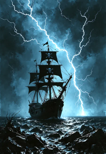 devast8,a pirate ship with a jolly roger flag is sailing in rough waters as a might lightning storm rages overhead. the thick bolts of lightning shooting across the sky around it.