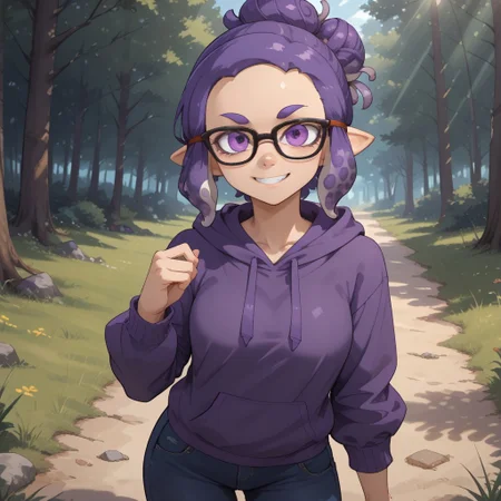 score_9, score_8, BREAK, solo, splatoon, inkling, female inkling, 1girl, tentacle hair, purple hair, single hair bun, purple eyes, glasses, cute, purple eyebrows, purple hoodie, purple jeans, purple shoes, breasts, Jeanette_Romero_(\OC_Inkling\), sexy pose, self portrait, smile, outdoors, sunlight, shadows, evening lighting, natural lighting, forest, trees, grass, orange sky, sunset