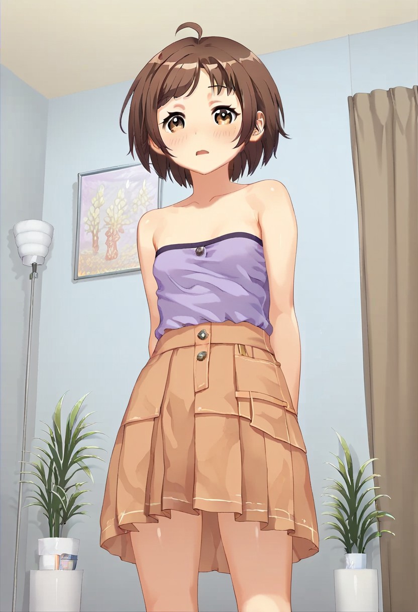 score_9, score_8_up, score_7_up, 1girl,MisukiMS, brown hair, brown eyes, ahoge, small breast, standing, purple shirt, bare shoulders, skirt