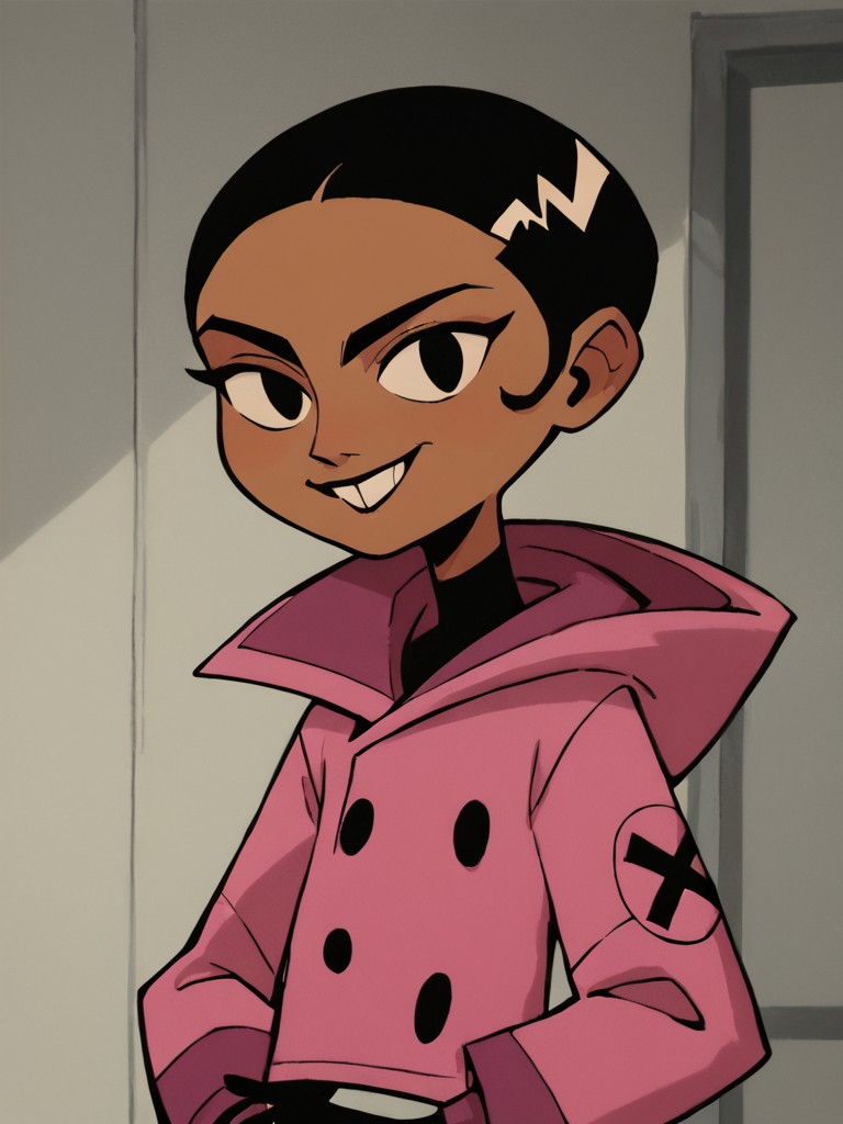 <lora:BritPony1.3:0.65> brit, solo, 1girl, black hair, short hair, dark-skinned female, black eyes, pink jacket,black,black gloves, buttons,buck teeth,upper body,standing,      score_9, score_8_up, score_7_up, score_6_up, score_5_up, score_4_up, smile, indoors, looking at viewer,