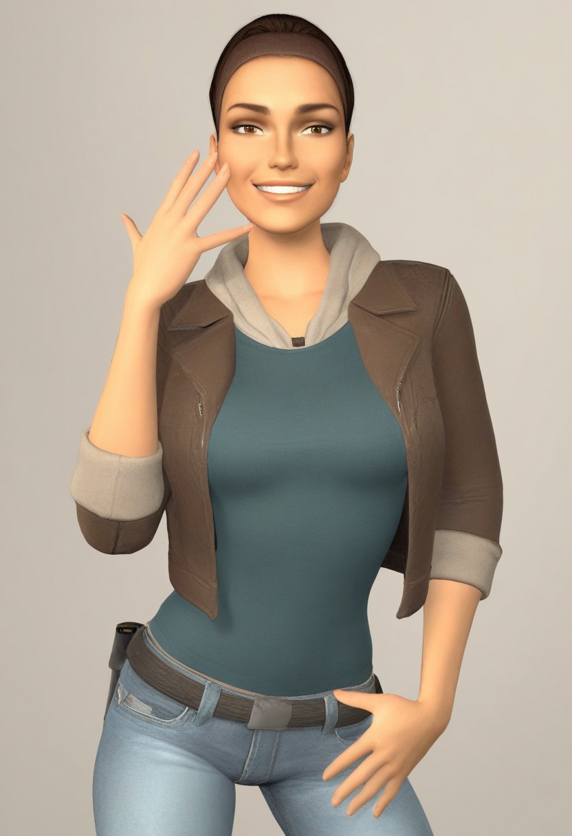 score_9, score_8_up, score_7_up, score_6_up,high quality, intricate details, amazing quality, masterpiece,uhd,dramatic effect, masterpiece, best quality, beautiful face, beautiful eyes, very aesthetic, absurdres, detailed face, detailed background, perfect lighting, 1 girl, 3D, source_engine_graphics, half-life_2, alyx vance_(half-life_2), brown hair, hairband, brown eyes, short hair, jacket, shirt, jeans, shoes, cool pose cool expression, white background, perfect anatomy, perfect hands, close view, smiling, confident