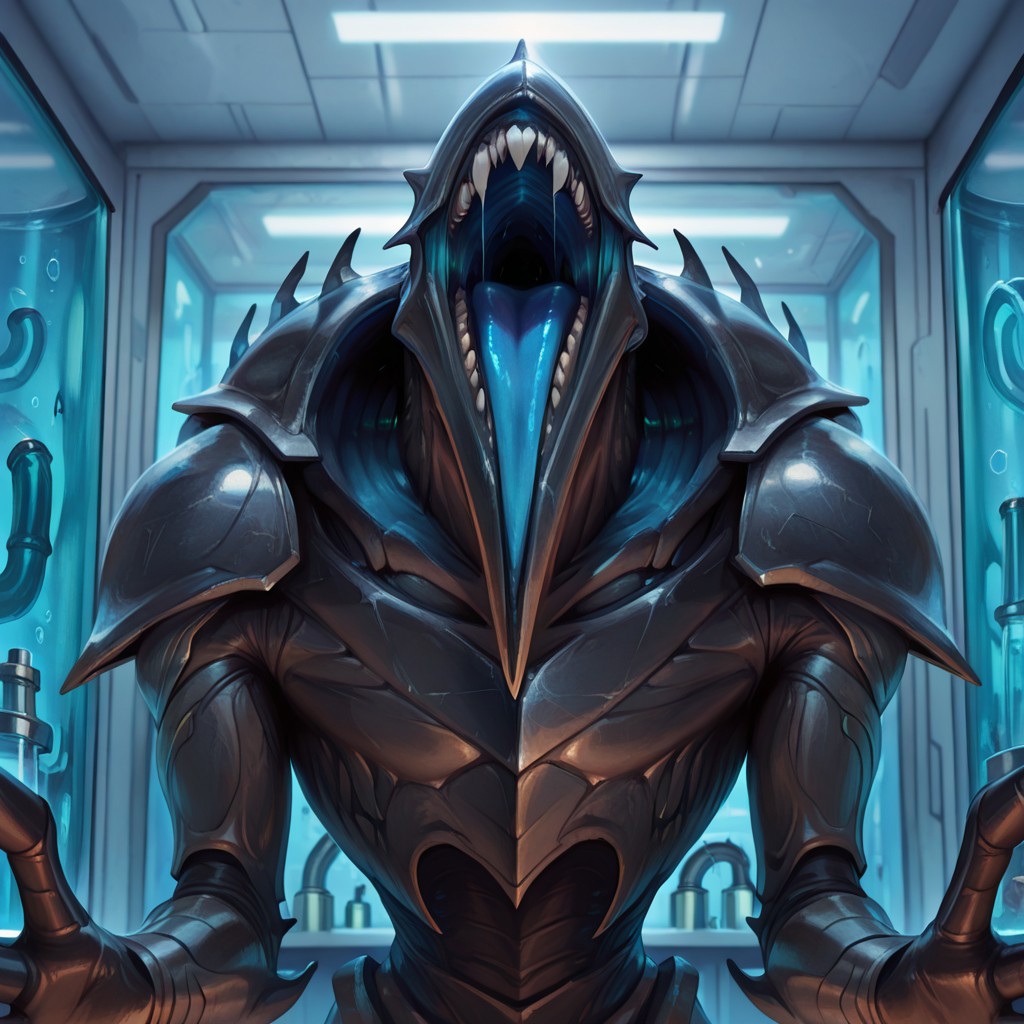 masterpiece, best quality, amazing quality, 1boy, male focus, JinGitaxiasMTG, phyrexian, armored skin:1.2, eyeless, solo, monster, open mouth, drool, teeth, claws, laboratory, upper body, looking at viewer, front view, blue tongue, m4g4ngz