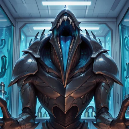 masterpiece, best quality, amazing quality, 1boy, male focus, JinGitaxiasMTG, phyrexian, armored skin:1.2, eyeless, solo, monster, open mouth, drool, teeth, claws, laboratory, upper body, looking at viewer, front view, blue tongue, m4g4ngz