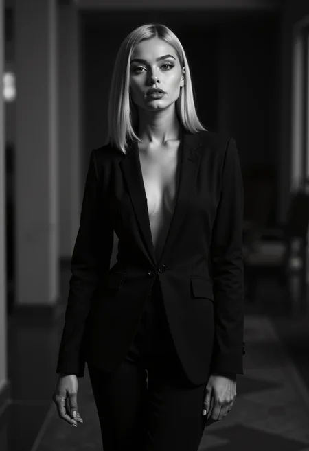 In a chic black-and-white setting reminiscent of high fashion, a young Scandinavian model poses with dramatic flair, her bold attitude radiating from every angle. Sporting a tailored suit with a plunging neckline, she exudes confidence and allure. Newtonâs signature provocative style captures the power dynamics of femininity, making the model appear both strong and seductive.<lora:MyLoras\Scandinavian Girls Oct4th\ScandiGirl_Style-000015.safetensors:1.0:1.0>