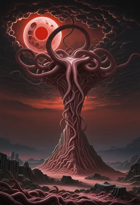 MASTERPIECE, AMAZING QUALITY, IDT, RED SKY, FLESH RUINS, DARK CLOUDS,