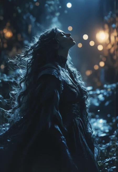 A woman with shrouded hair and a cascade of billowing, feathered cloak, stands in a dynamic, organic environment, as if transported from a dream. Her face is tilted upwards, Her hair flows behind her like a river of night, interwoven with neon and black hues, evoking the enigmatic essence of a Satoshi Kon anime. The atmosphere is heavy with mystery, as if the very fabric of reality has been woven into her being. The lighting is atmospheric, with deep shadows and an otherworldly glow, as if the scene has been plucked from the realm of the surreal. Every detail, from the intricate patterns on her cloak to the delicate texture of her skin, is rendered in exquisite, analog detail, as if the image has been captured by a master photographer. The overall effect is one of haunting beauty, as if the woman is a creature from a realm beyond our own, beckoning us to enter her mystical world.