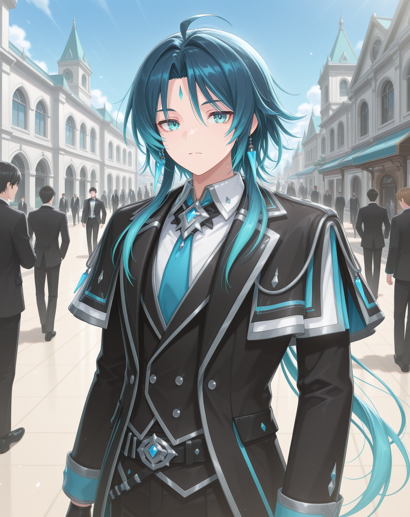 masterpiece,best quality,amazing quality, newest, very aesthetic, absurdres,
1boy, solo, yaoi, male focus, looking at viewer, cowboy shot, standing,
 <lora:Nepteon_Blue_Abyss_ilxl:1> nepteonba, dark blue hair, forehead mark, aqua eyes, sidelocks, 
formal, tuxedo, neck ribbon, white shirt, collared shirt, black pants, shoes, black footwear, suit jacket, black jacket,
outdoors, day, blue sky, building, people,