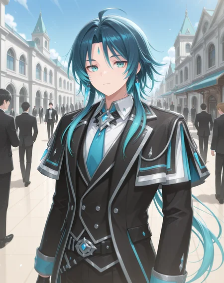 masterpiece,best quality,amazing quality, newest, very aesthetic, absurdres,
1boy, solo, yaoi, male focus, looking at viewer, cowboy shot, standing,
<lora:Nepteon_Blue_Abyss_ilxl:1> nepteonba, dark blue hair, forehead mark, aqua eyes, sidelocks,
formal, tuxedo, neck ribbon, white shirt, collared shirt, black pants, shoes, black footwear, suit jacket, black jacket,
outdoors, day, blue sky, building, people,