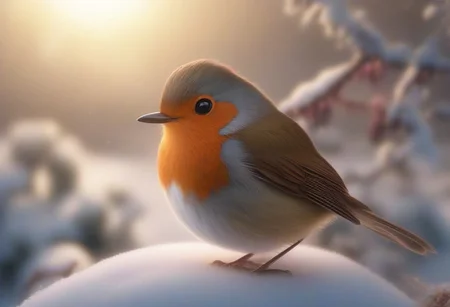 A happy cute, robin, (wearing a Christmas hat), Adorable, heart warming, cheerful, detailed, bright colours, friendly expression, small size, shiny, eco-friendly, garden, environmental, sunlight, shadows, digital art, whimsical, playful, intricate details, high resolution, photorealistic, joyful atmosphere, gentle, soft lighting, cartoonish style, enchanting, vivid, appealing, character design, imaginative, family-friendly, [photography, realistic, photorealistic, (8k), (highly detailed), cinematic lighting, intricate details, (high resolution), award-winning,   correct focus, realistic, realistic lighting, (highly detailed),  masterpiece], ((Cinematic Still-Shot))