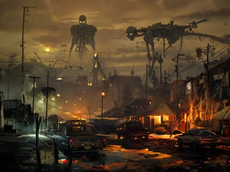 Horror-themed a beautiful ground floor with the backdrop of a hell trashed small-town neighborhood and a disable * in the road, appears timeless, distant burning crater, charred silhouettes on ground, 4K|8k, extremely high-resolution details with fine textures that are incredibly lifelike, contrast of bright sunshine and dark shadows, auto-apocalyptic<lora:DarkSpheraStyle:1> <lora:add_detail:1.3> . Eerie, unsettling, dark, spooky, suspenseful, grim, highly detailed <lora:add-detail-xl:1> <lora:RMSDXL_Darkness_Cinema:1>