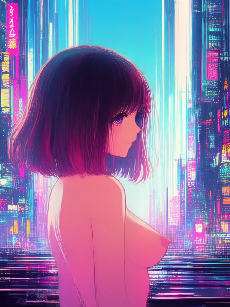 An animated painting in impressionistic style with bold brush strokes about the side silhouette of a beautiful woman with pretty eyes and shorter brown hair and large bare breasts with large nipples in a cyberpunk city with gigantic neon lit buildings. She turns her head directly at the viewer.
