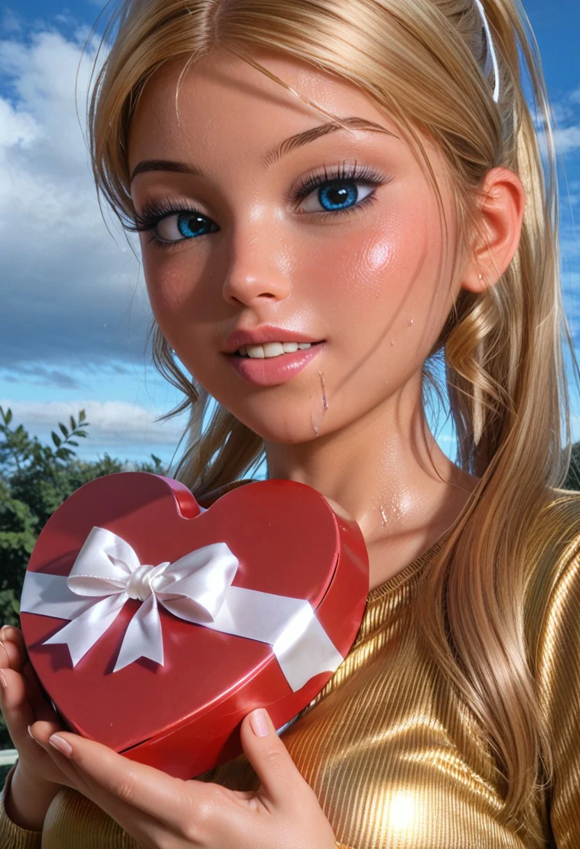 score_9, score_8_up, score_7_up, realistic, realism, HD, perfect quality, 16k, very detailed, realistic lighting, photo, photorealistic, realistic detailed face, BREAK, 1girl, (((equestria girls show:0.3))), (((good_hands))), (((bedroom eyes, (light smile:0.5)))), BREAK, (chloeruidx2.0, blonde hair, ponytail, long hair, blue eyes, sunglasses), eye_focus, ((medium breasts, huge ass)), (bedroom eyes), (wide hips:1.4), (sweaty skin:1.1), looking at viewer, nervous, seductive, sensual, medium body size, slightly small neck, plumb body, voluptuous hips and thighs, curvy body size, microwaist, (obese female:-1.2), (plump saggy breasts:1.2), (((dressed))), (feminine body, soft body:1.5), (((clothed covered breasts))), BREAK, (metalic gold shirt), (shirt), (gold skirt), (red skirt), BREAK, <lora:heart-shaped-box-ponyxl-lora-nochekaiser:1.2>, (((heart-shaped box))), holding, box, gift, valentine, incoming gift, closed eyes, blush, outstretched arms, outdoors, night sky, clouds, shouting, classroom, serafuku