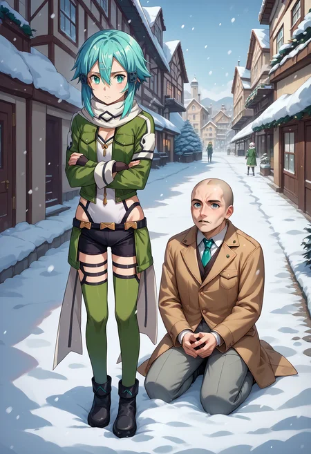 score_9, score_8_up,score_7_up, source_anime, full body, plaza, winter, snow, village,BREAK 1girl, <lora:EPsoaSinonPony_epoch_4:1.0>, EPsoaSinon, short hair, aqua hair, aqua eyes, perfect anime eyes, hair between eyes, hair ornament,hairclip, sidelocks, green jacket, black footwear, black gloves, black shorts, fingerless gloves, gloves, green legwear, jacket, long sleeves, open jacket, scarf, short hair with long locks, short shorts, shorts, white scarf, pout, pouty lips, crossed arms, standingBREAK 1boy, bald, mustache, grey eyes, black shirt, grey pants, smiling, kneeling, brown boots, brown coat, fur trim, marriage proposal