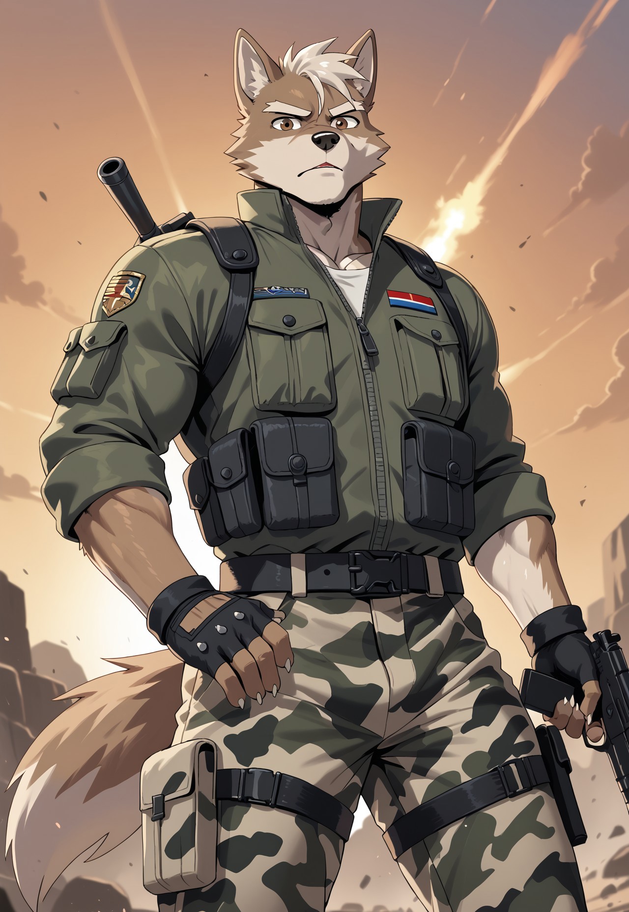 masterpiece,best quality,amazing quality,very aesthetic,highres,absurdre,source furry,
athletic,male focus,animal ears,furry,furry male,solo,muscular,hunk,
perspective,from above
roy, dog boy,brown eyes,thick eyebrows,short hair, 
fingerless glove, camouflage pants,flak jacket,military uniform,
standing,holding gun, sunset, 
battlefield