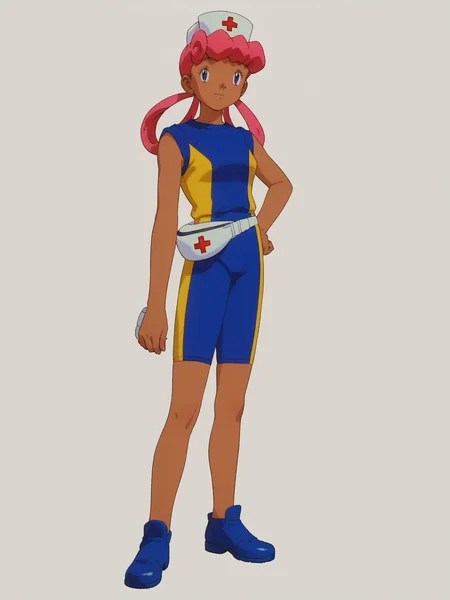 score_9, score_8_up, score_7_up, 1girl, solo, source_anime, pkmnjoy, hair rings, dark skinned female, wetsuit, sleeveless, nurse cap, blue eyes, pink hair, dark-skinned female, <lora:Nurse_Joy_-_Pokemon_anime_Orange_islands:1>  simple background, white background, standing, full body, simple background, white background,